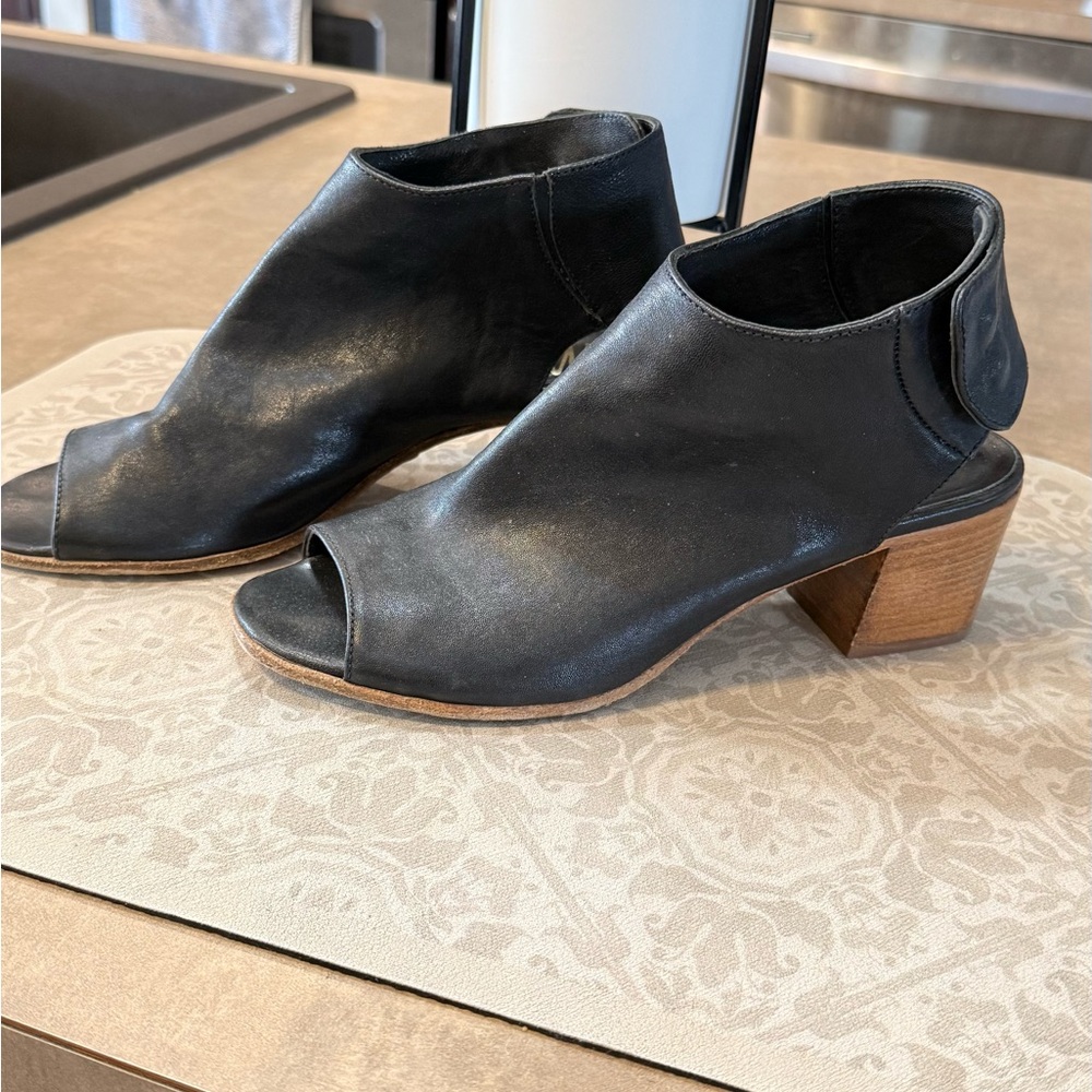 Black Peep-Toe Leather Ankle Booties with Wood Block Heel